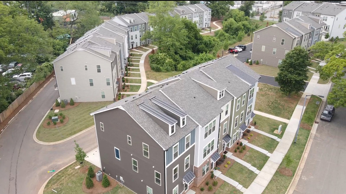 Community development overview showing residential homes