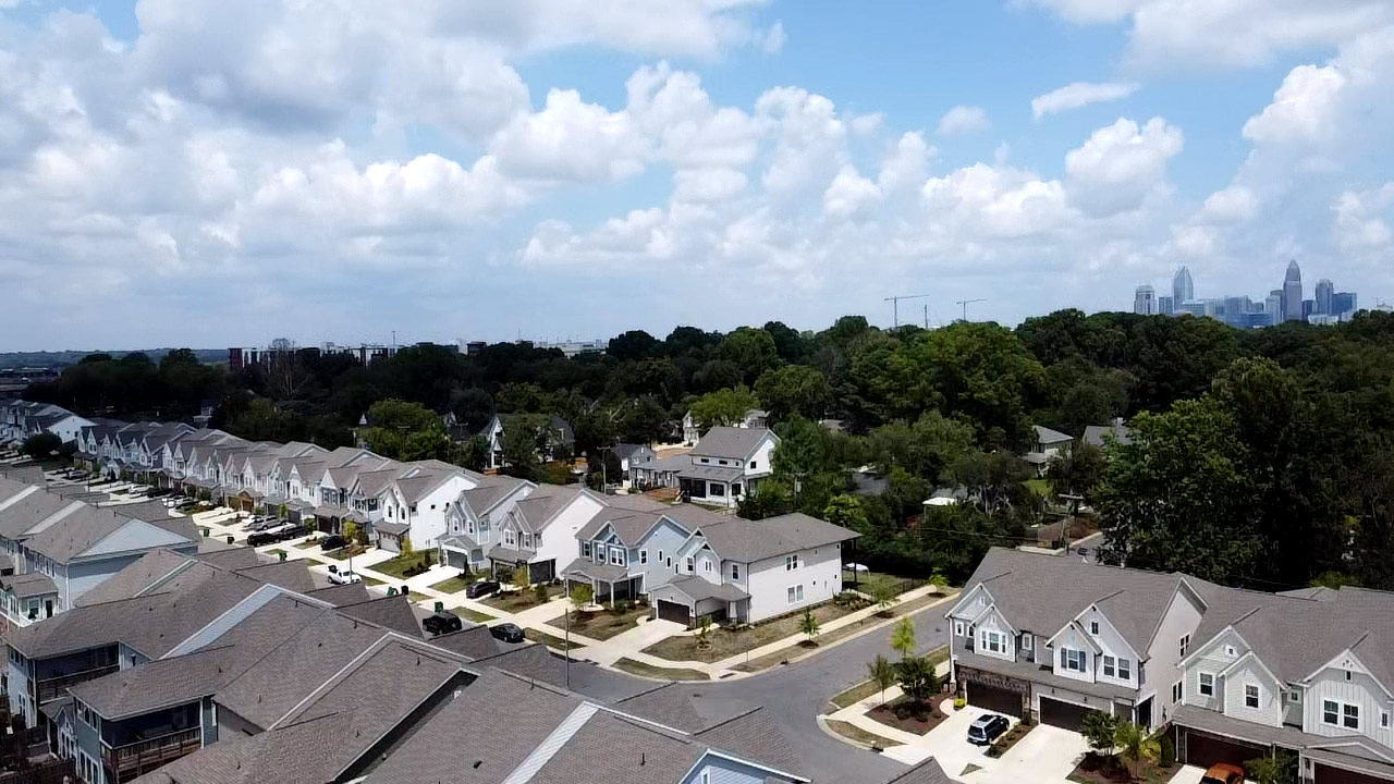 Community development overview showing residential homes