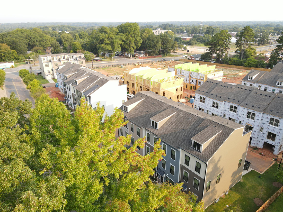 Community development overview showing residential homes